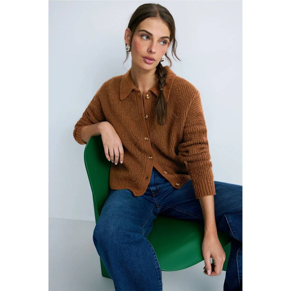 Central Park West New York Brown Ribbed Knit Collared Cardigan Sweater Womens S